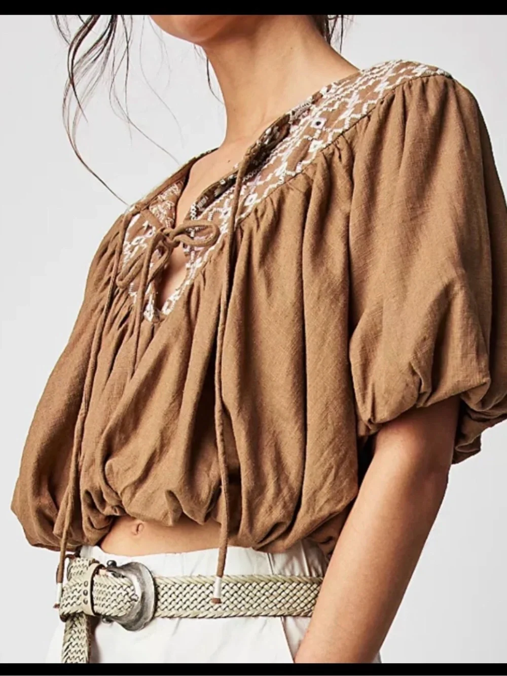 Free People Joni Embroidered Puff Sleeve Top Size XL